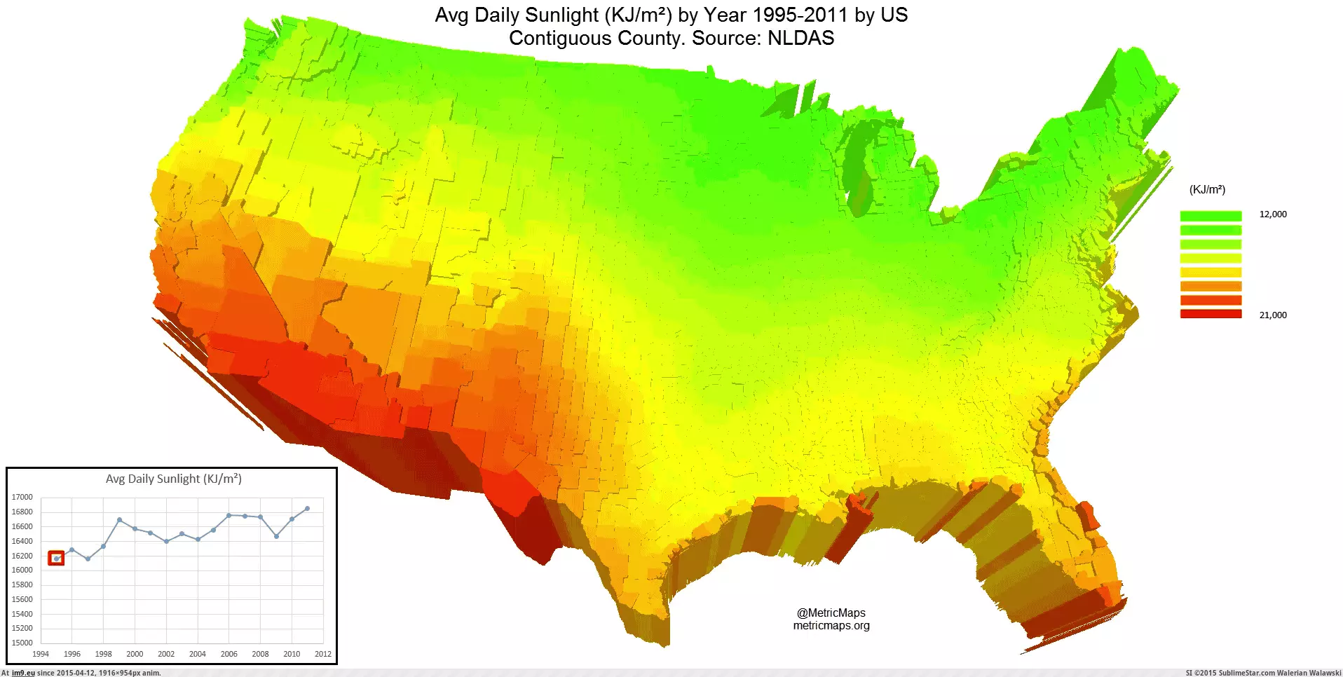 #County #Average #Contiguous #Daily #Sunlight [Dataisbeautiful] Average Daily Sunlight by US Contiguous County 95-2011 GIF (Image of album My r/DATAISBEAUTIFUL favs))