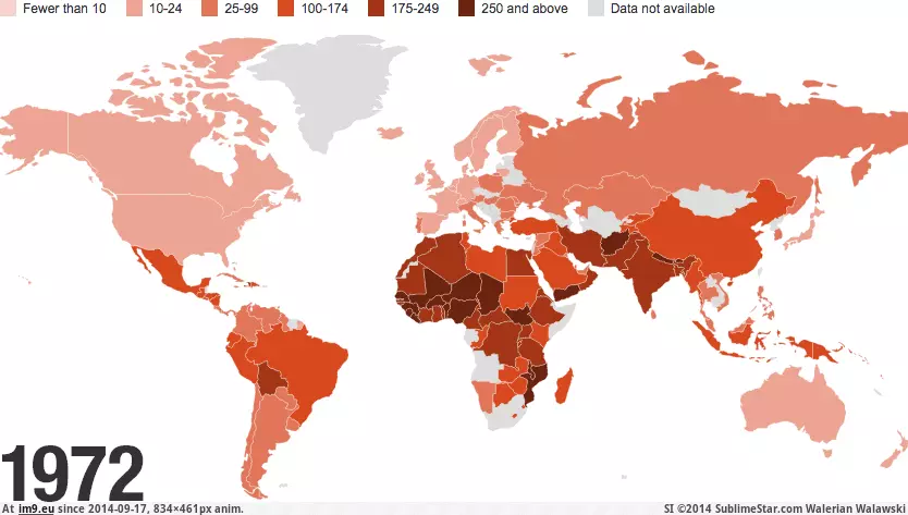 #Live #Children #Births #Age #Deaths [Dataisbeautiful] Deaths of children under age 5, per 1,000 live births (1972-2012) GIF (Image of album My r/DATAISBEAUTIFUL favs))
