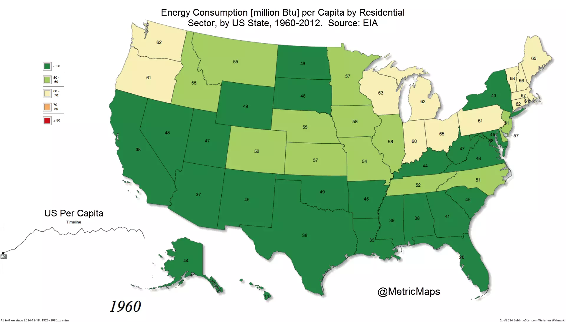 #Source #State #Energy #Consumption #Residential #Million #Capita [Dataisbeautiful] Energy Consumption [million Btu] per Capita by Residential Sector, by US State, 1960-2012. Source: EIA [OC] GIF (Image of album My r/DATAISBEAUTIFUL favs))