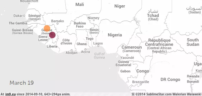 #Map #Africa #Ebola #Outbreak #West #September #March [Dataisbeautiful] Map of Ebola outbreak in West Africa, March 14 – September 9 2014 [GIF] GIF (Изображение из альбом My r/DATAISBEAUTIFUL favs))