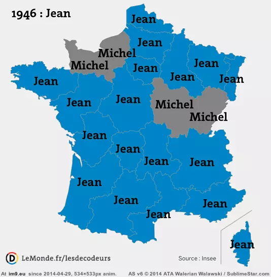 #France #Names #Region #Popular [Dataisbeautiful] Most popular given names in France, by region, 1946 - 2011 1 GIF (Image de album My r/DATAISBEAUTIFUL favs))