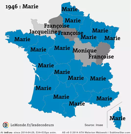 #France #Names #Region #Popular [Dataisbeautiful] Most popular given names in France, by region, 1946 - 2011 2 GIF (Image de album My r/DATAISBEAUTIFUL favs))