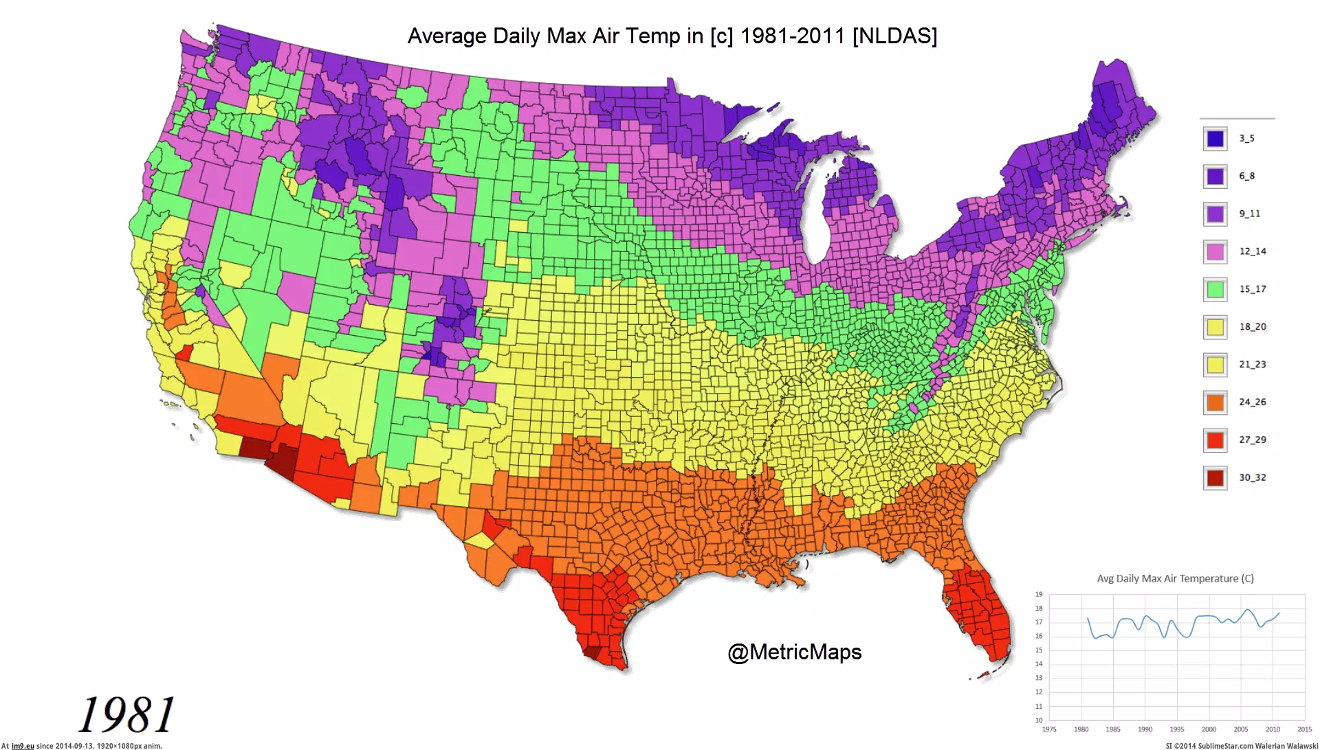 #Time #Year #Series #Max #Temperature #Degree #Increments #Air #Average #Daily [Dataisbeautiful] [OC] US average daily max air temperature [c] by YEAR time series [1981-2011] in 3 degree increments GIF (Image of album My r/DATAISBEAUTIFUL favs))