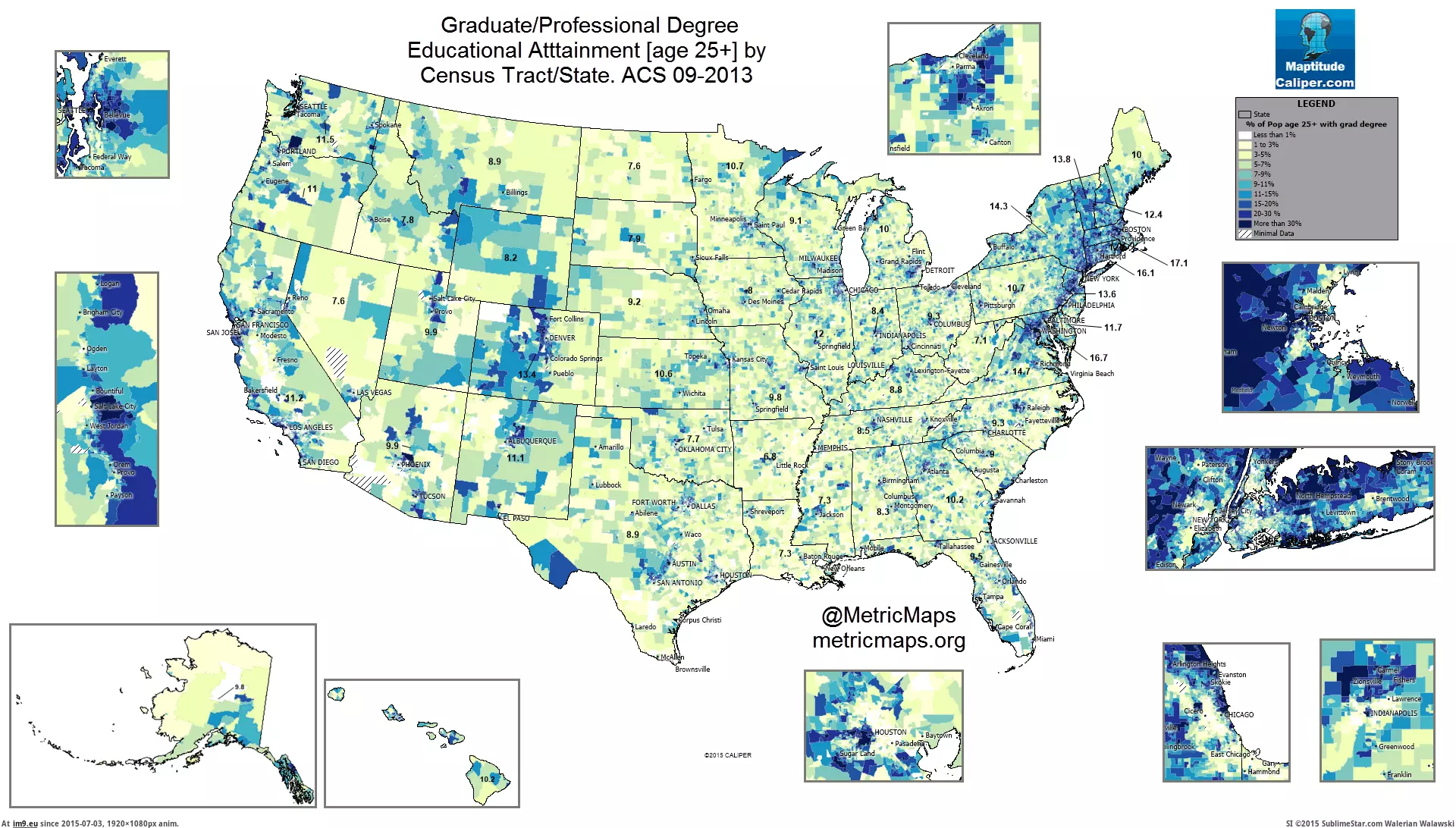 #State #Population #Professional #Tract #Graduate #Census #Degree [Mapporn]  10.8% of US Population [25+] has a Graduate or Professional Degree-Here is where they are by Census Tract-State [1920 GIF (Obraz z album My r/MAPS favs))