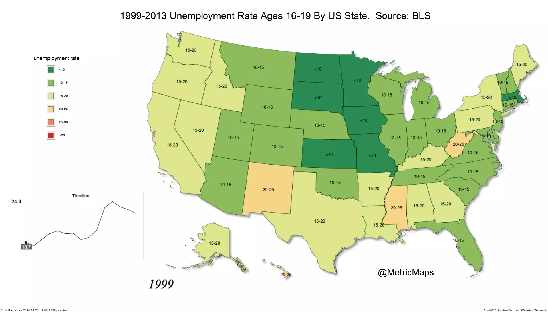 #State #1740x979 #Ages #Unemployment [Mapporn] 1999-2013 Unemployment Rate [Ages 16-19] By US State. [1740x979] [GIF] GIF (Obraz z album My r/MAPS favs))
