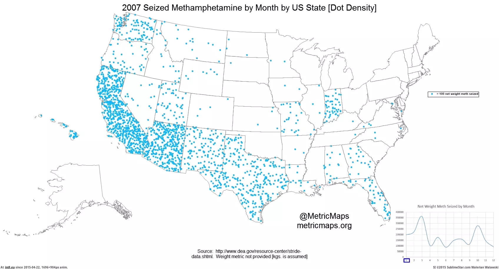 #State #Density #Weight #Busts #Month #Dot [Mapporn]  2007 Methamphetamine busts [dot density by weight] by US State by Month [1069x570] [GIF] GIF (Image de album My r/MAPS favs))