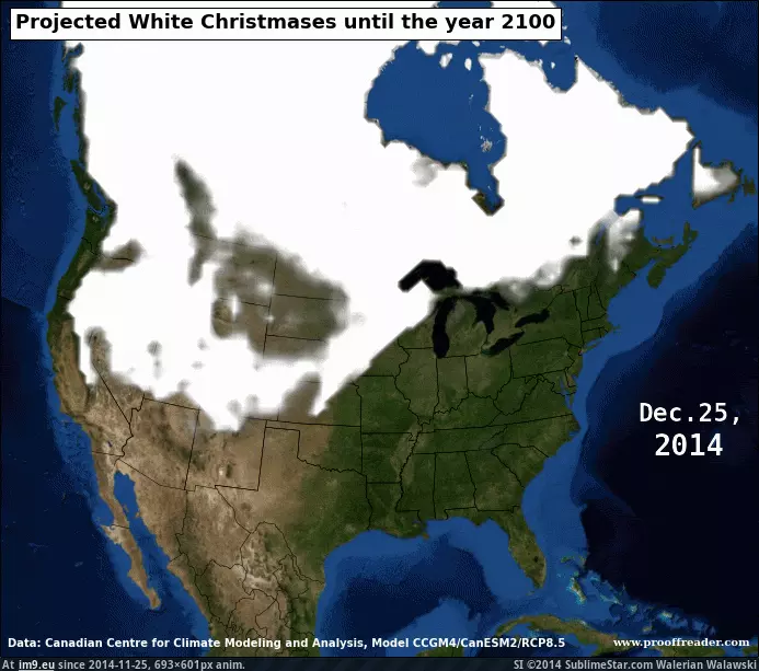 #Model #Year #Christmases #693x601 #White #Projection #Climate [Mapporn] A climate model projection of White Christmases until the year 2100 [OC, GIF, 693x601] GIF (Image of album My r/MAPS favs))