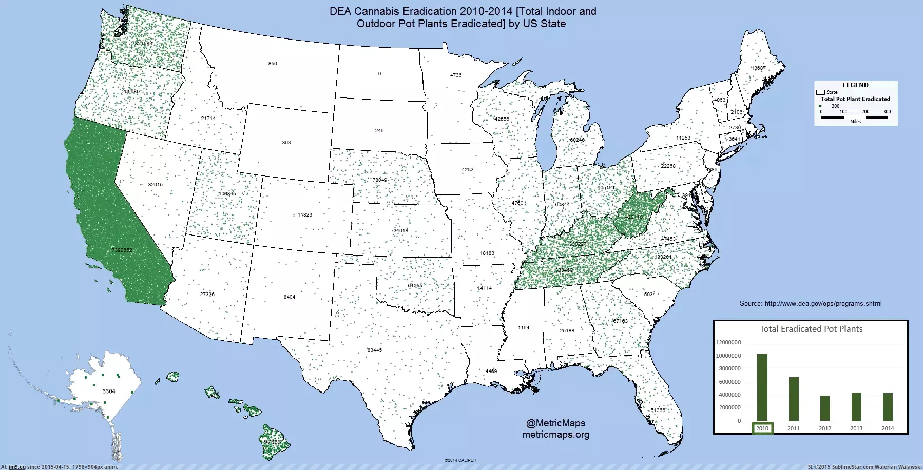 #Program #Cannabis #State [Mapporn]  DEA Cannabis Eradication Program 2010-2014 by US State [1354x681] [GIF] GIF (Изображение из альбом My r/MAPS favs))