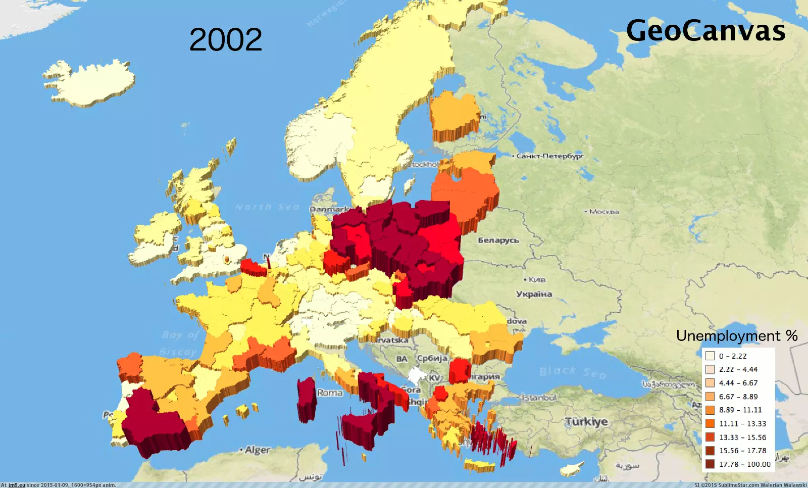 #Unemployment #Detailing #Europe [Mapporn] Detailing the Unemployment rate in Europe, 2002-2012 [GIF] [1600x954] GIF (Obraz z album My r/MAPS favs))