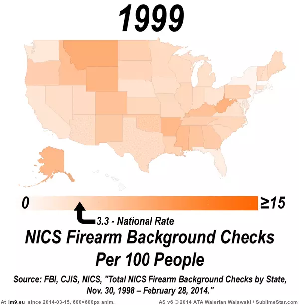 #People #Firearm #600x600 #Checks [Mapporn] Firearm Background Checks in the U.S. Per 100 People, 1999 - 2013 [600x600] [GIF] [OC] GIF (Obraz z album My r/MAPS favs))