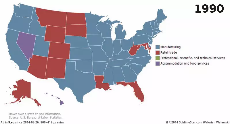 #Major #Industries #800x418 #Highest #Employment [Mapporn] Major industries with highest employment in US 1990-2013 - [OC] [GIF] [800X418] GIF (Image of album My r/MAPS favs))