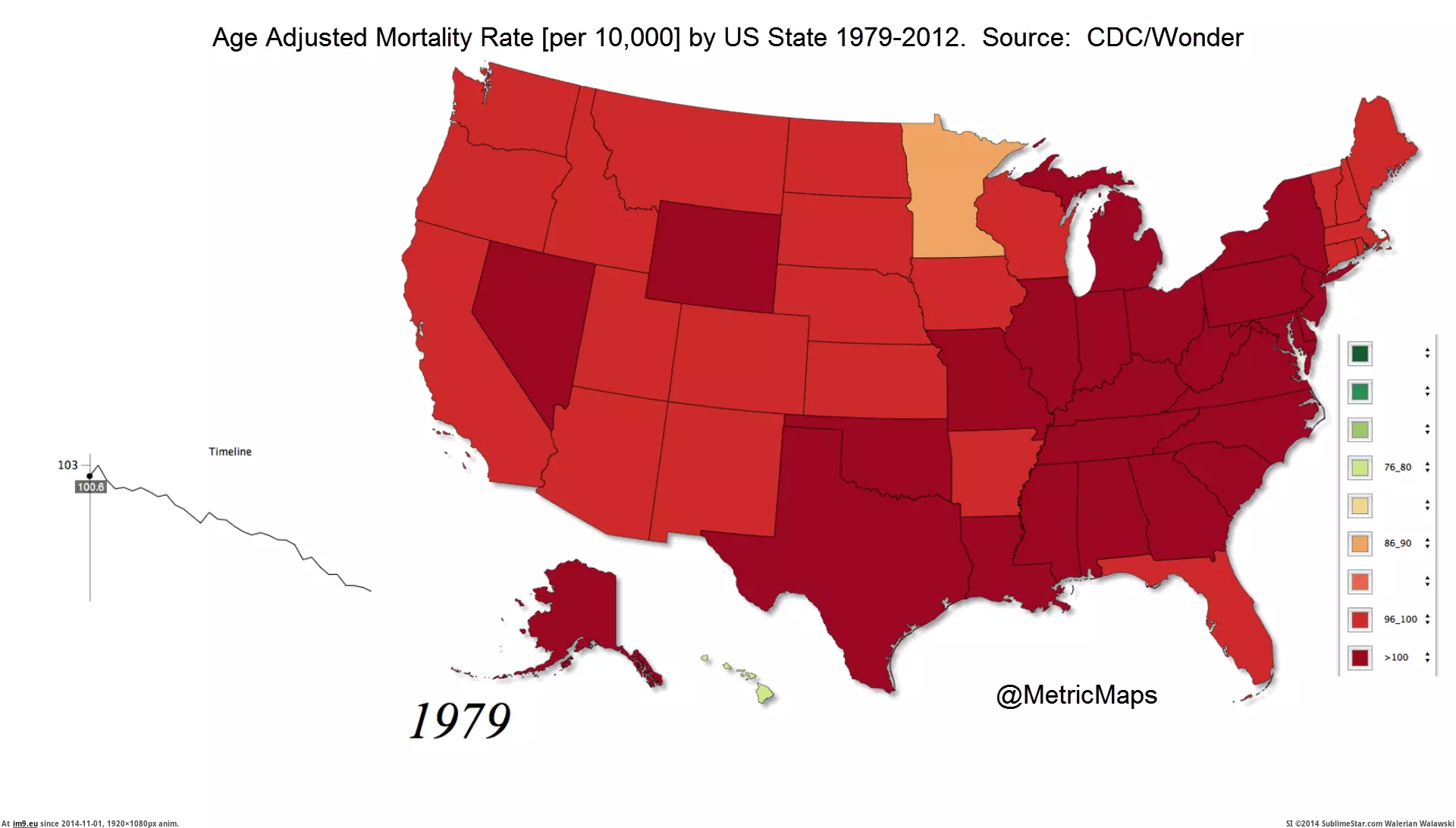 #State #Mortality #1740x979 #Age #Adjusted [Mapporn] [OC] Age Adjusted Mortality Rate By US State 79-2012 [1740x979] [GIF] GIF (Image de album My r/MAPS favs))