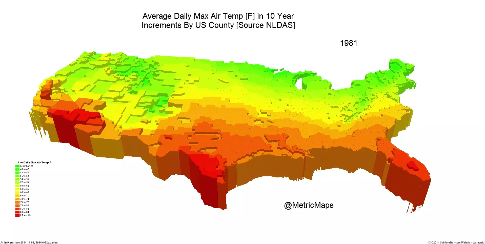 #Air #Daily #Temp #Snapshots #Max #Decade #Ave [Mapporn] [OC] Ave Daily Max Air Temp [F] 3D [4 decade snapshots] [1338x665] [GIF] GIF (Image of album My r/MAPS favs))