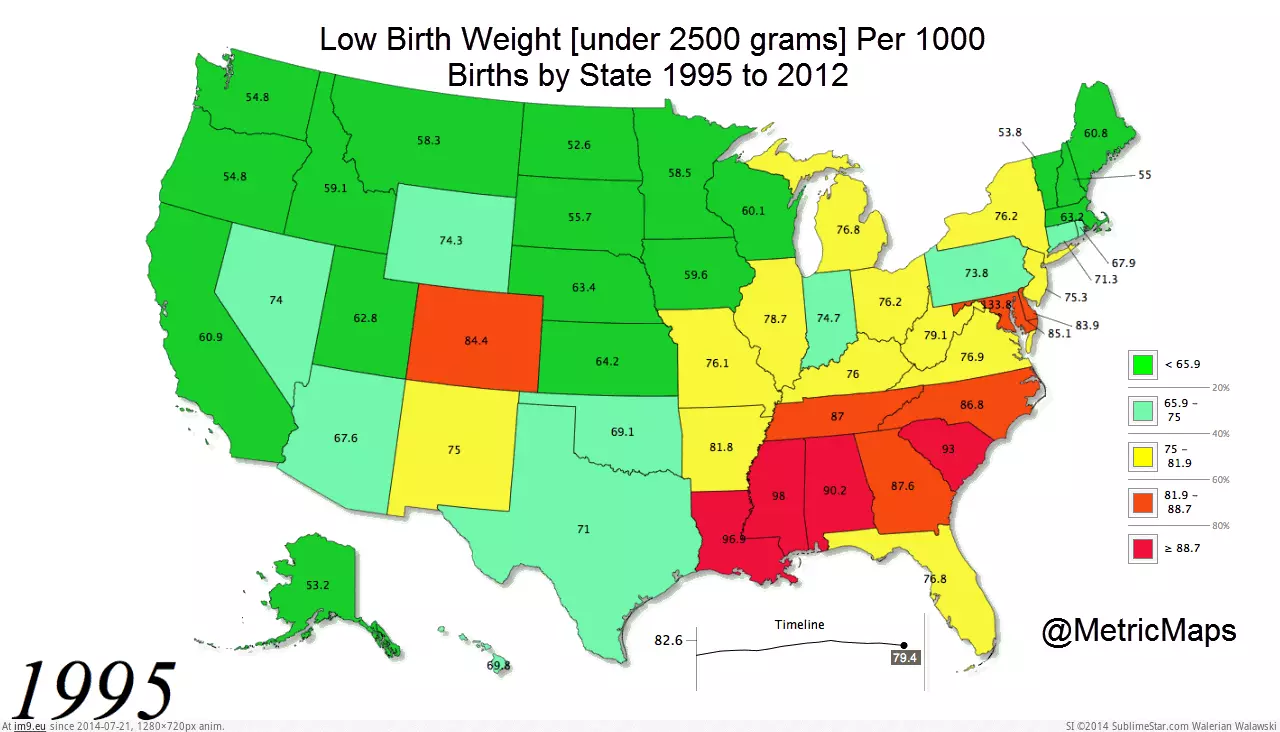 #Time #Low #Birth #Weight #Series #State [Mapporn] [OC] Low Birth Weight Rate 95-2012 By US State [1260x708] Time Series [GIF] GIF (Изображение из альбом My r/MAPS favs))