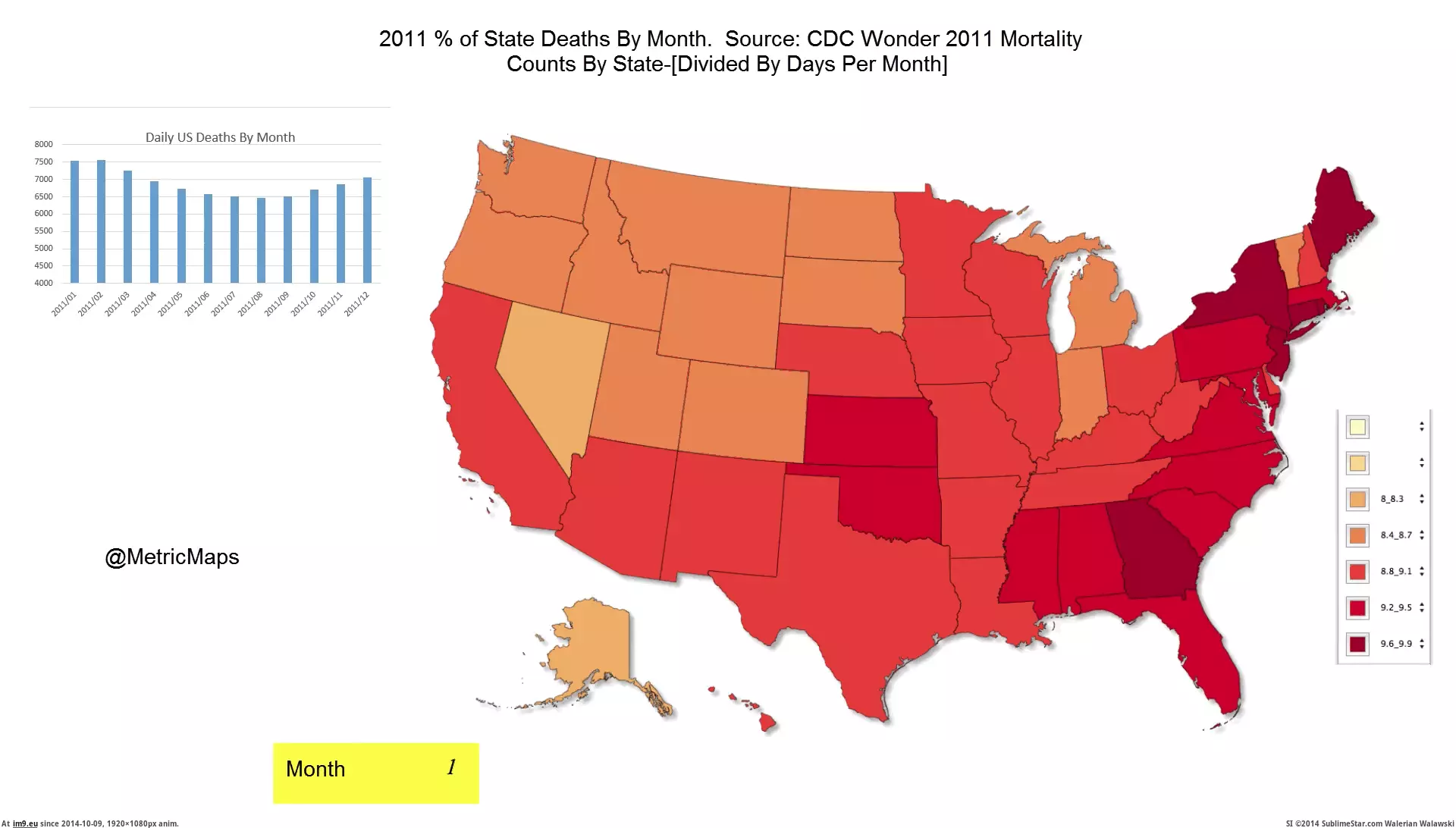 #State #Calculated #Month #Deaths [Mapporn] [OC] % of state deaths calculated by days in a month for 2011 [1212x682] [GIF] GIF (Image de album My r/MAPS favs))