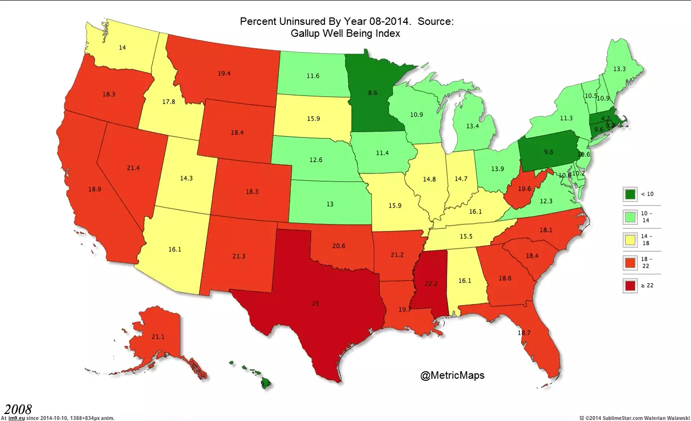 #State #Insurance #Health #Percent [Mapporn] [OC] Percent without health insurance by state 08-2014 [1135x682] [GIF] GIF (Image de album My r/MAPS favs))