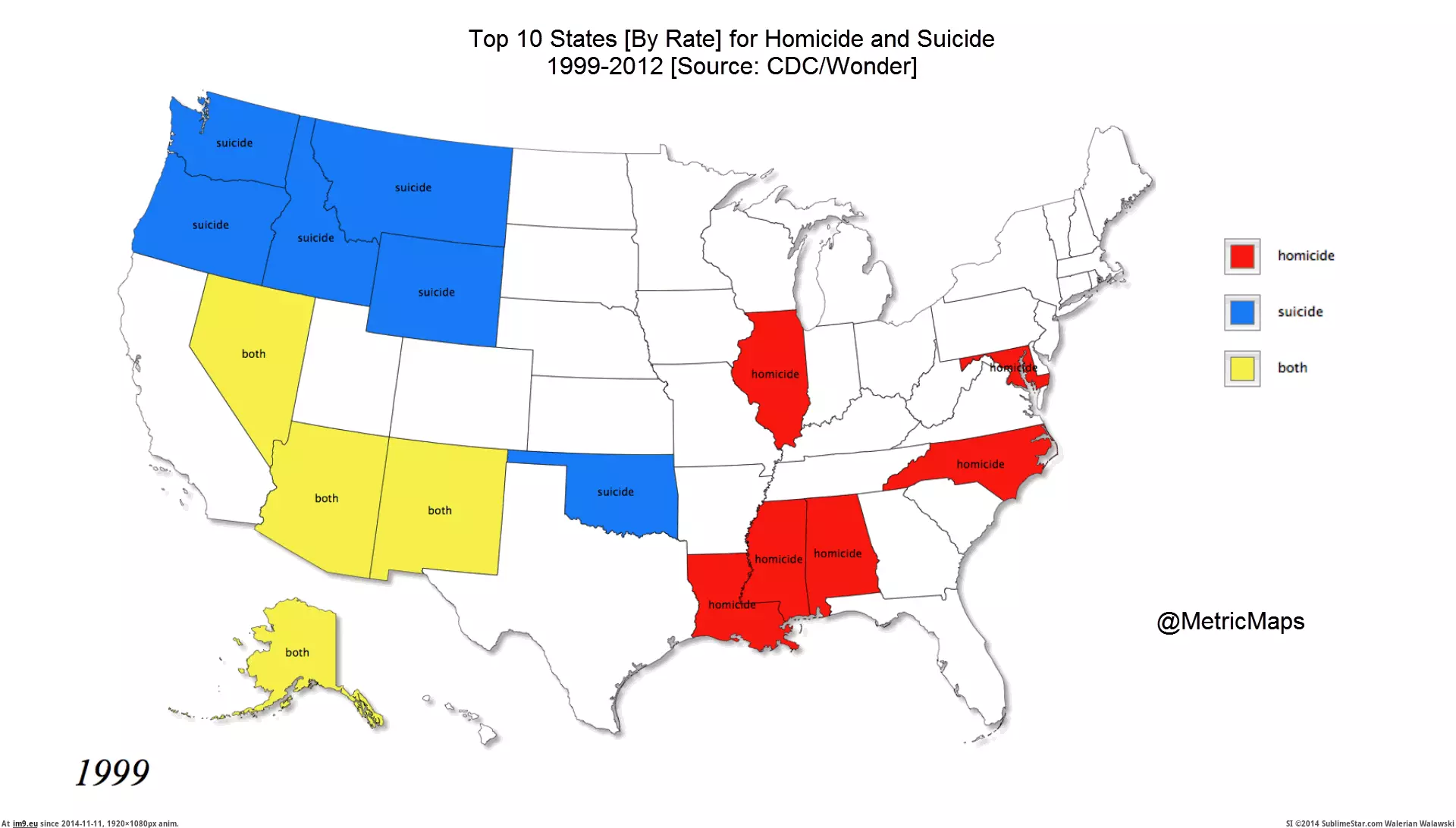 #Year #States #Homicide #1306x734 #Top #Suicide [Mapporn] [OC] Top 10 [by rate] US states for homicide and suicide [or both] by year 99-2012 [1306x734] [GIF] GIF (Imagen de album My r/MAPS favs))