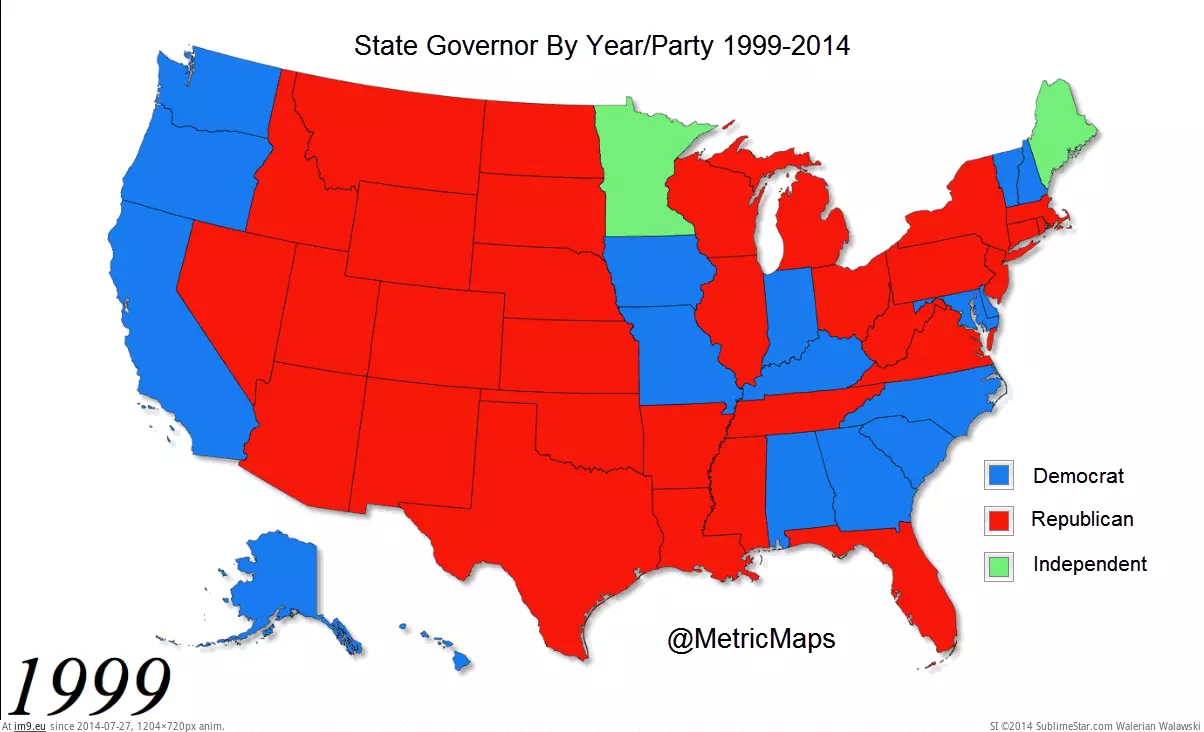 #State #Tug #Leadership #Revised #Usa #War [Mapporn] [OC] Tug of War For State Leadership in USA [Revised] 99-2014 [1064x636] [GIF] GIF (Image de album My r/MAPS favs))