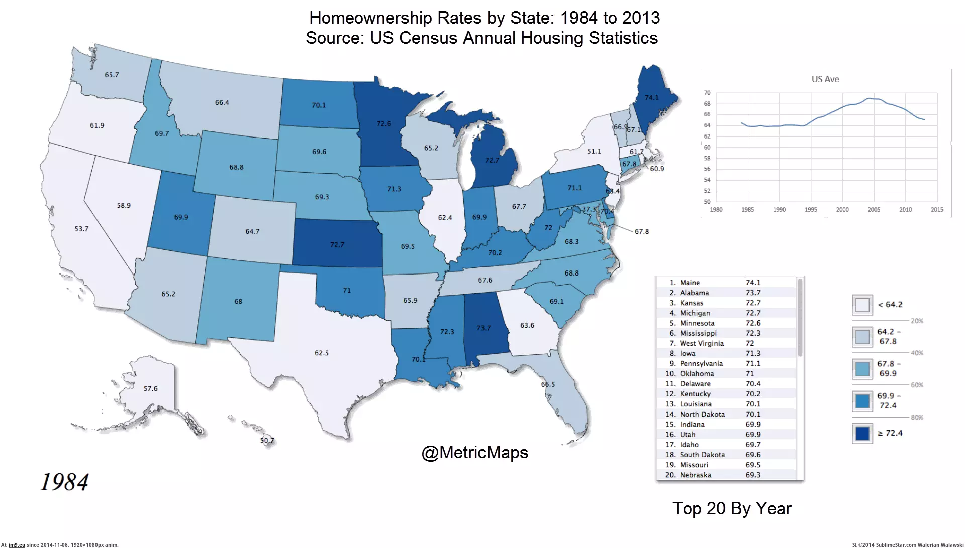 #1740x979 #Ownership #State [Mapporn] [OC] US Home Ownership By State 84-2013 [1740x979] [GIF] GIF (Image of album My r/MAPS favs))