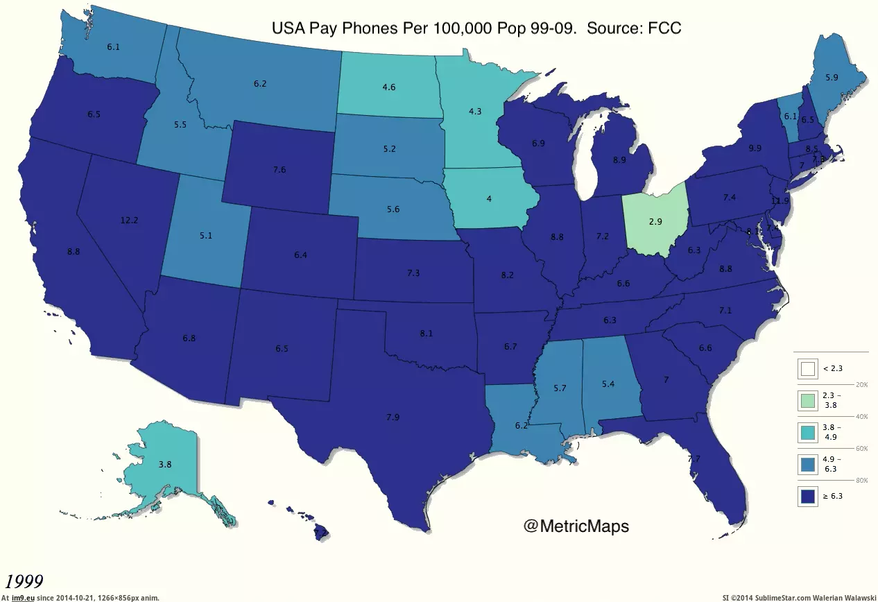 #Pay #814x551 #Capita #Phones [Mapporn] [OC] US Pay Phones Per Capita 99-09 [814x551] [GIF] GIF (Image of album My r/MAPS favs))