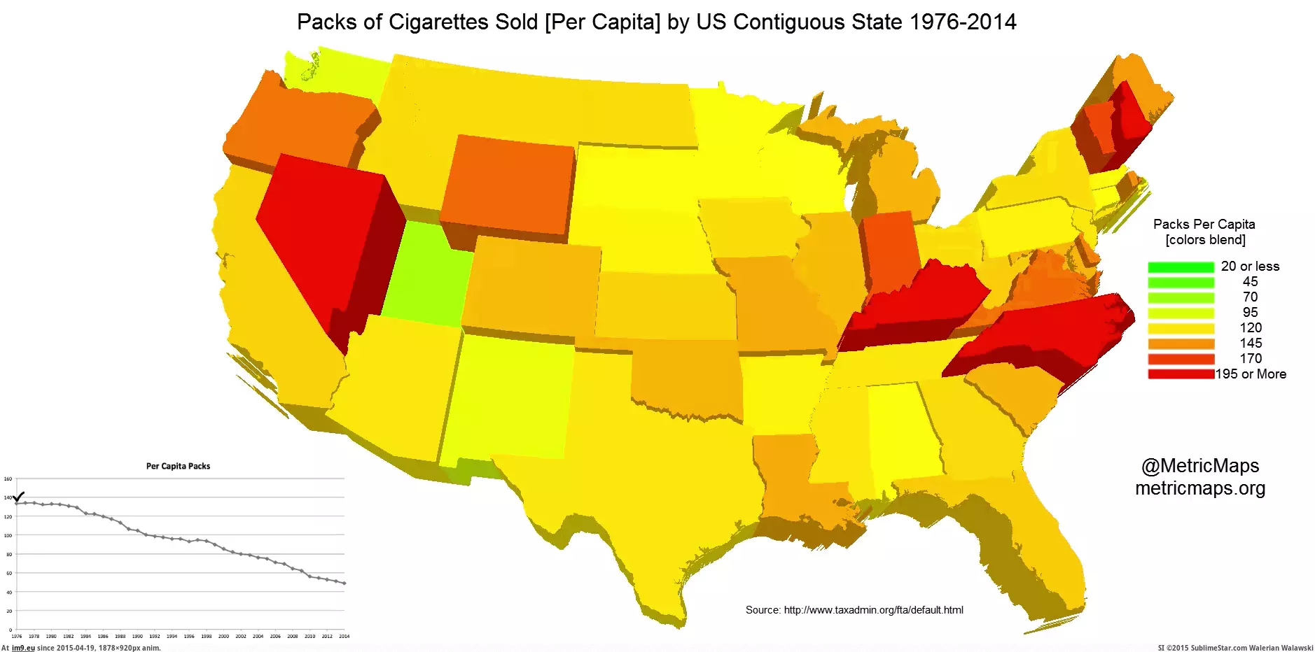 #State #Contiguous #Packs #Cigarettes #Capita #Sold [Mapporn]  Packs of Cigarettes Sold Per Capita by US Contiguous State 1976-2014 [1163x570] [GIF] GIF (Image of album My r/MAPS favs))