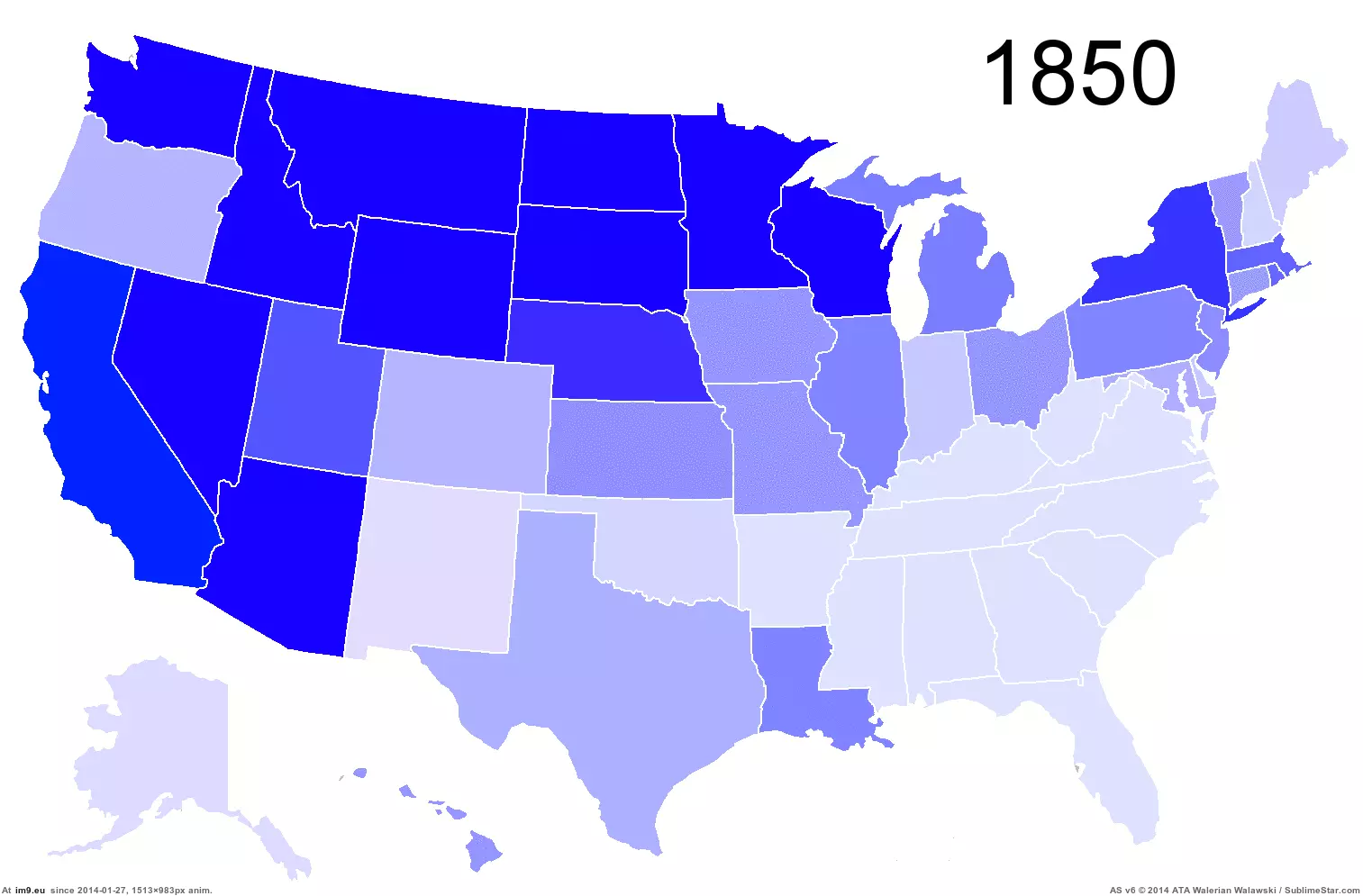 #State #Percentage #Foreign #1513x983 #Population #Born [Mapporn] Percentage of Foreign Born Population by State 1850 - 2010 [1513x983][OC][GIF] GIF (Image of album My r/MAPS favs))