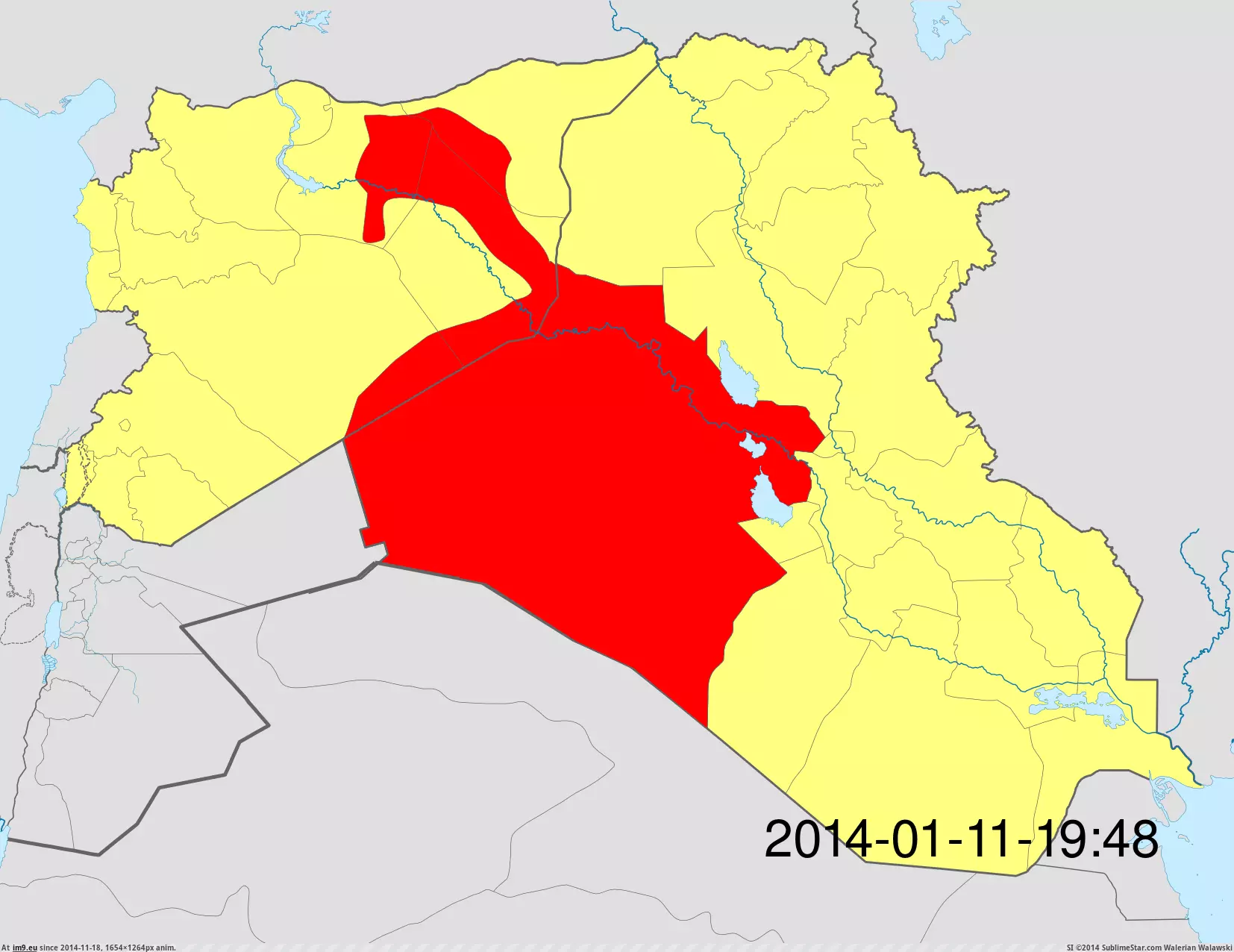 #Updated #Progress #Wikipedia #Controlled #1654x1264 #Territory #Isis [Mapporn] Progress of ISIS controlled territory since January 2014 as updated by wikipedia [OC] [1654x1264] GIF (Image of album My r/MAPS favs))
