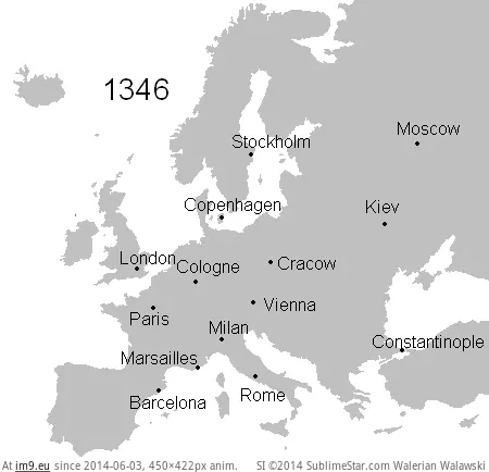 #Black #Death #Spread #Europe [Mapporn] Spread of the Black Death Through Europe 1346-1353 [450x422][GIF] GIF (Image of album My r/MAPS favs))