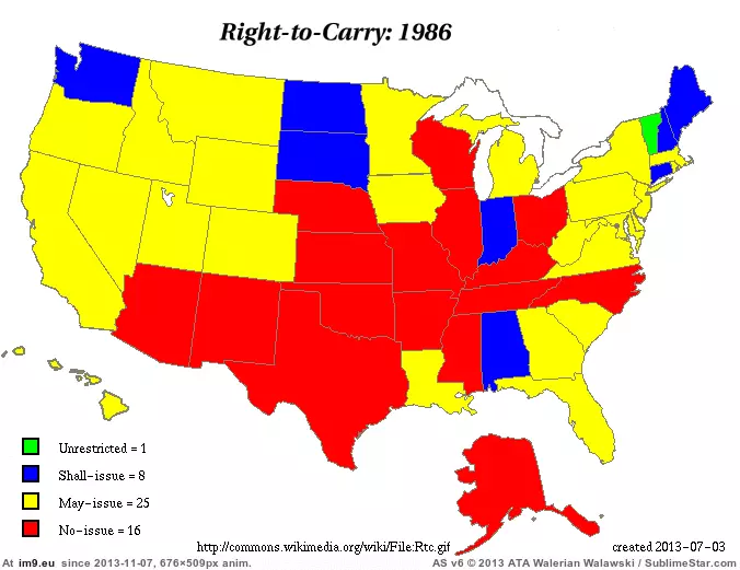 #State #676x509 #Concealed #Permits #Laws #Carry [Mapporn] State laws regarding concealed carry permits in the US from 1986-2013 [676x509] [GIF] GIF (Image of album My r/MAPS favs))