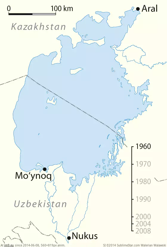 #Sea #Aral #Size [Mapporn] The size of the Aral Sea from 1960 to 2008 [560 x 819] GIF (Image de album My r/MAPS favs))