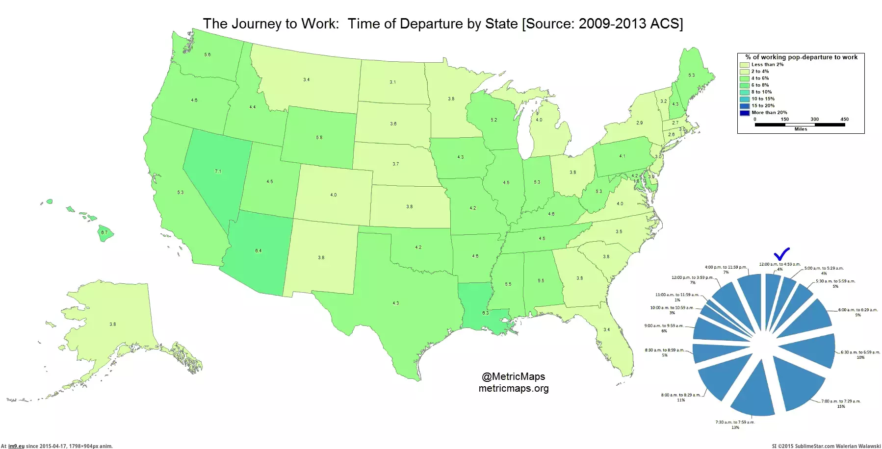 #Time #Heading #Work #State [Mapporn]  Time of Departure--When Heading to Work by US State [1354x681] [GIF] GIF (Imagen de album My r/MAPS favs))