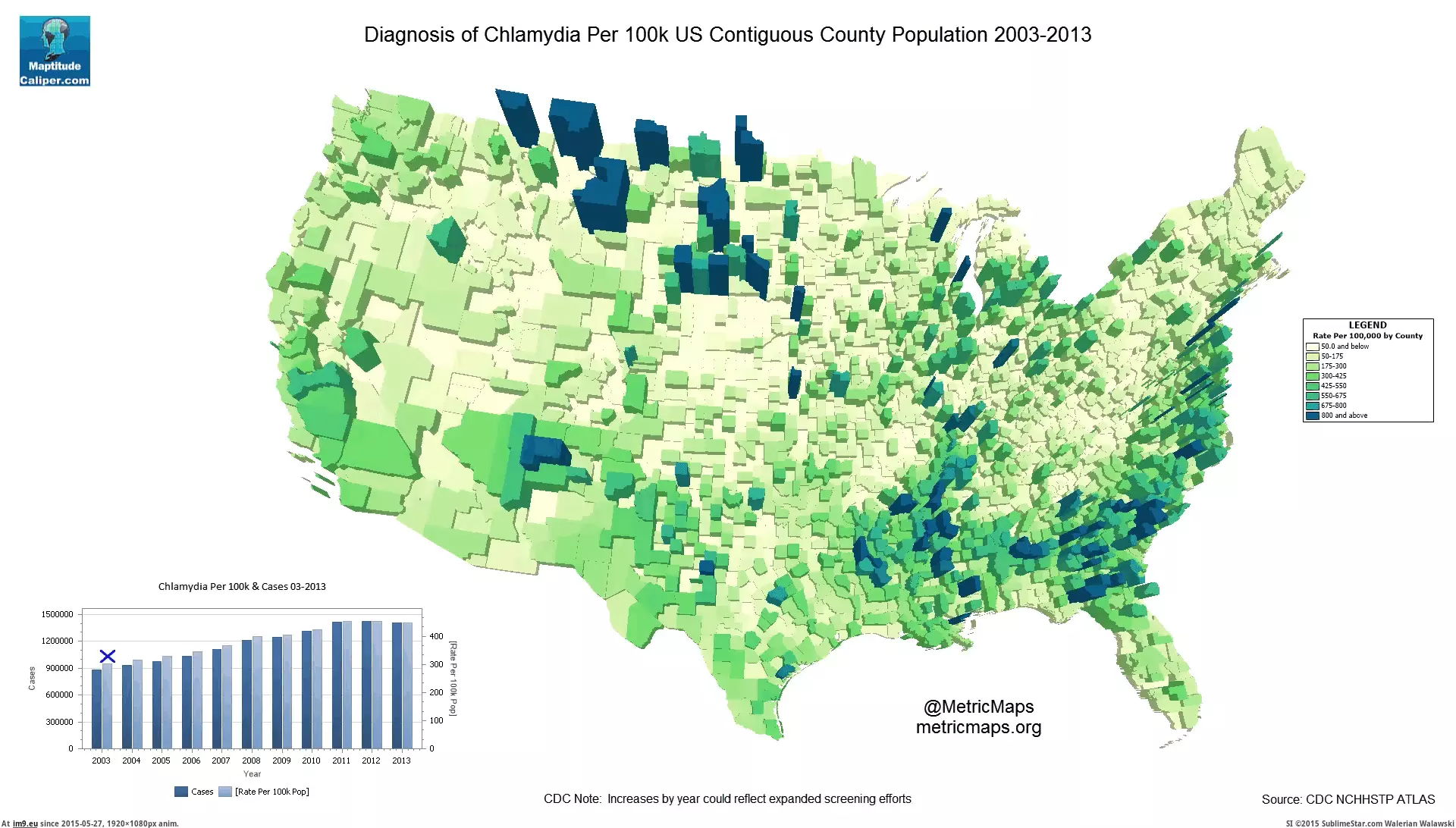 #1920x1080 #Contiguous #County #Rates [Mapporn]  US Diagnosis Rates of Chlamydia by Contiguous County 2003-2013 [1920x1080] [GIF] GIF (Image of album My r/MAPS favs))